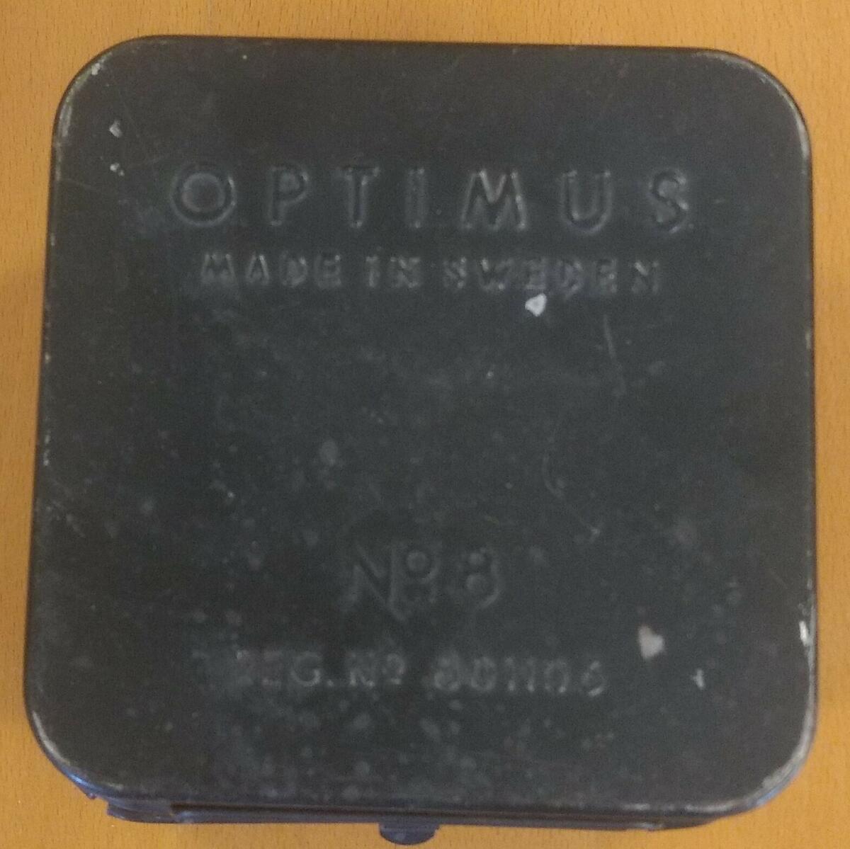 Spritkök. Optimus. Made in Sweden No 8, Reg no 801106. Gåva av Carina Elisabeth Hellsing, Söråker.
