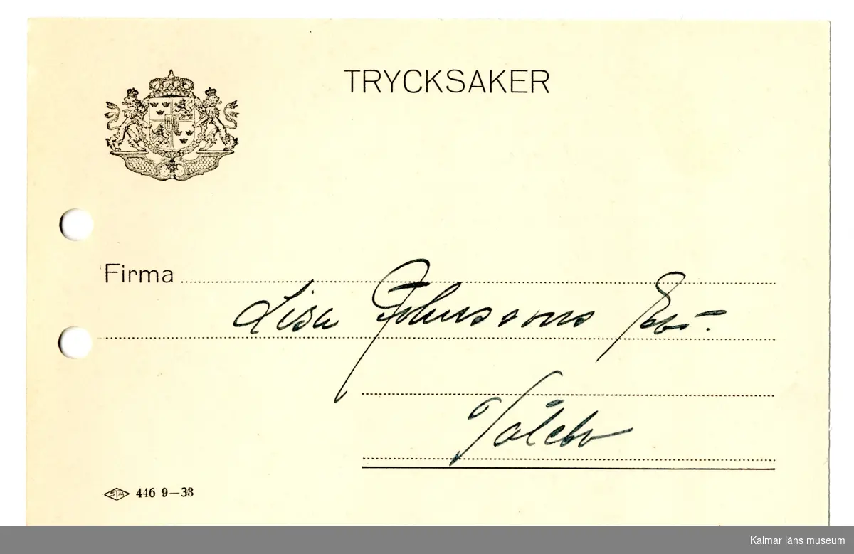 KLM 46521:1526 Kvitto. Av papper. Kvitto från Aktiebolaget Svenska Tobaksmonopolet, Kalmar till Firma Lisa Johnssons Eftr., Tålebo. Handlingen är daterad 30/7 1935.