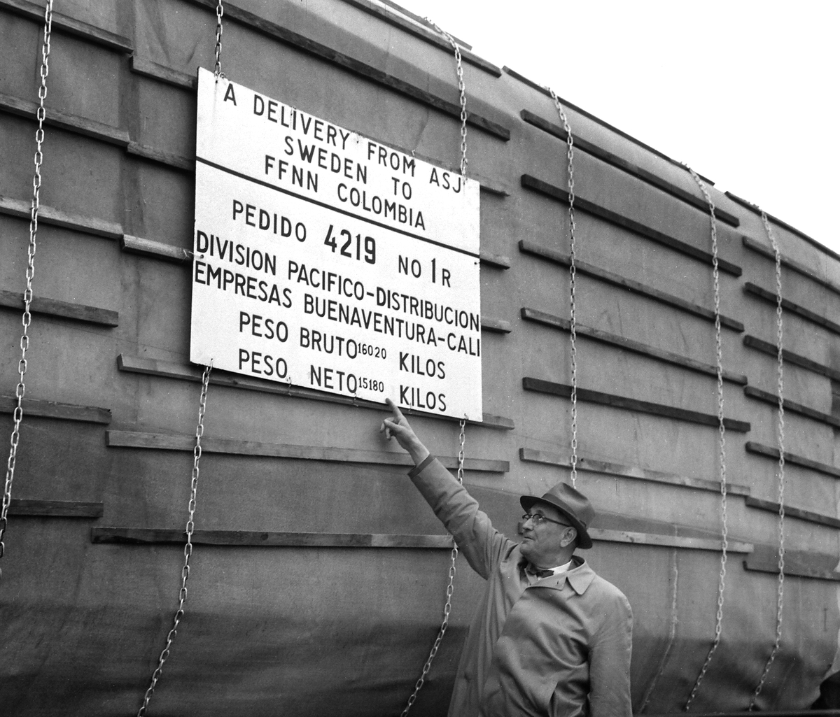 Inpackat tåg som tillverkats på ASJ för transport till Colombia, 1958.