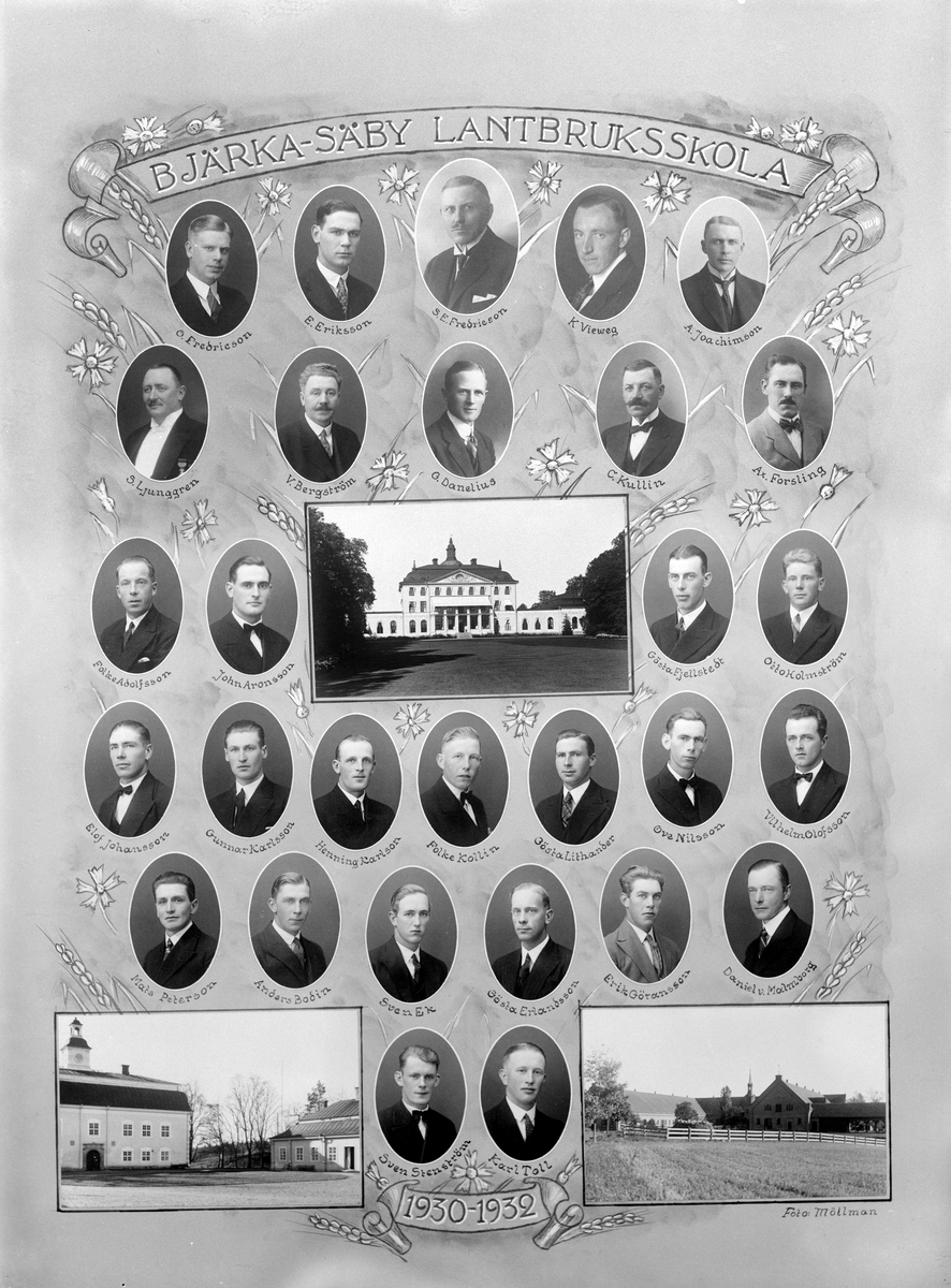 Från 1882 drevs lantbruksskola till Bjärka Säby. Här ett kollage med lärare och elever i tvåårskursen 1930-32.
