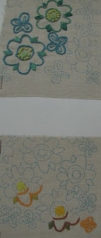 Skiss och och garnkarta i gul och grön variant finns i mapp. Kan även sys som kudde. Pris materialsats 30:-. Broderiprov finns på lösblad BM 75048. Kalkyl finns i särskild pärm.

Fyrkantig duk. Hela ytan fylld av broderat blomstermönster på ritad bottenväv i blekt tuskaftsvävt  linnetyg. Brodergarn i lin.