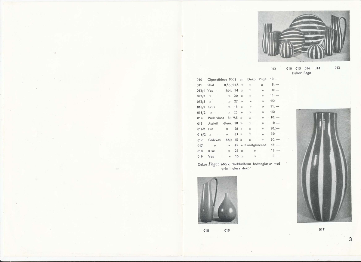 Prislista från Bo Fajans 1953 över konstkeramik av Berit Ternell.