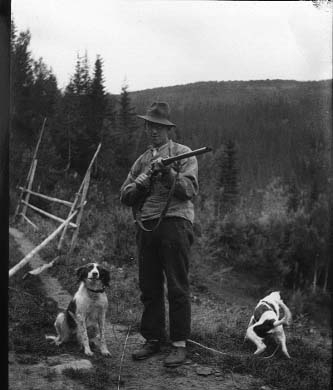 Jeger med våpen og 2 hunder, Sør-Trøndelag. 