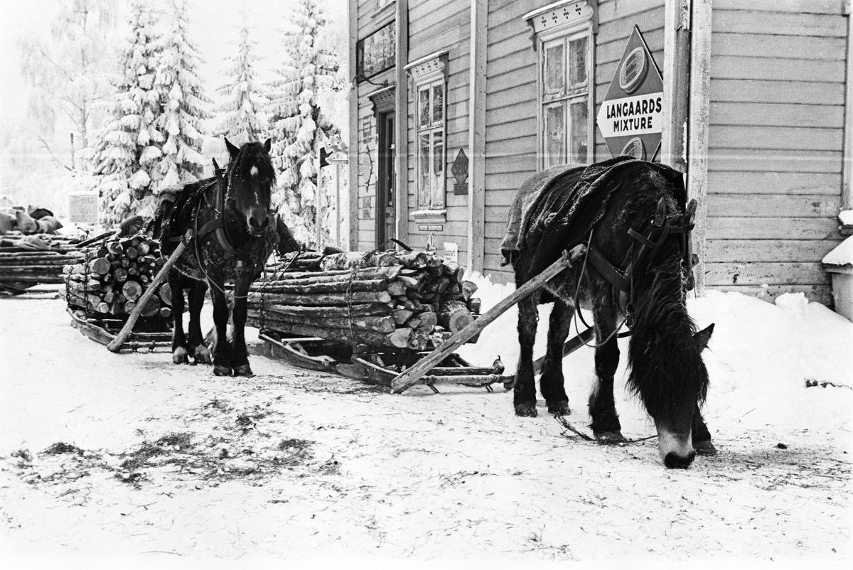 Tømmertransport med hest og slede utenfor en  butikk vinterstid. Antatt Hadeland, Oppland. Nå Innlandet. Fotografert 1942.