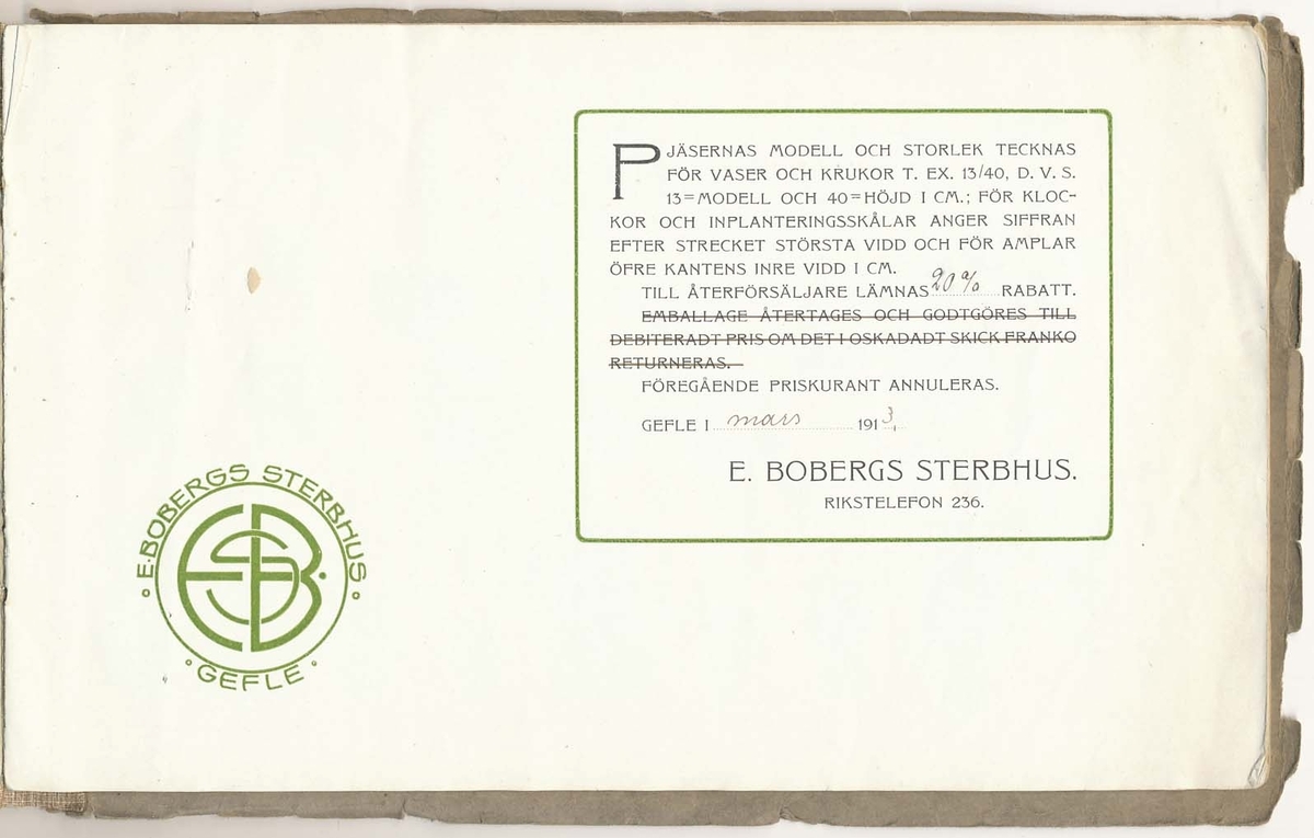 Tre priskuranter från Bo Fajans 1913, 1918 och1920-tal, inbundna i ett omslag.