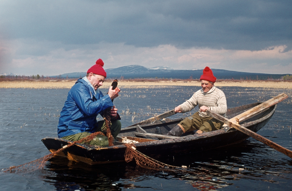 Gjeddefiske i deltaområdet der elva Tufsinga renner ut i innsjøen Femund. Lokaliteten ligger i Tufsingdalen i Os kommune i Nord-Østerdalen, bortimot 700 meter over havet. Fotografiet viser to menn som trakk et garn opp i en klinkbygd trebåt med tverr akterende. Mannen som dro garnet var  Jon Birger Bakken fra Tufsingdalen. Den som satt ved årene var «gjeddekongen» Joseph Bakken (1898-1989). Gjeddefisket i dette området foregikk i mai måned, like etter at isen på vassdragene hadde smeltet. Da trakk gjedda inn mot de sivbevokste grunnene langs land for å gyte. Der satte fiskerne garn skrått ut fra strandlinja. Det var et slikt garn som ble trukket da dette fotografiet ble tatt.