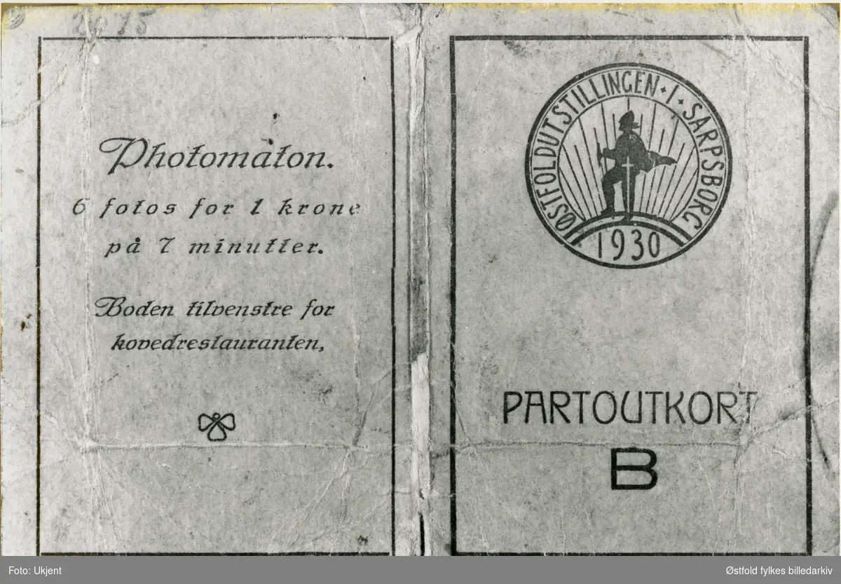 Østfoldutstillingen i Sarpsborg 1930. Partout-kort til utstillingen og fornøyelsesavdelinga til husmor Dagmar Holmen, som da var bosatt i Sarpsborg.