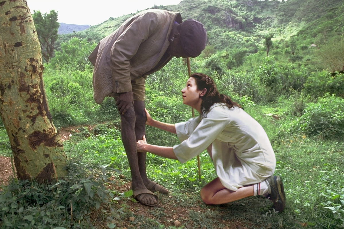 Kunstneren, kledd som hvitkledd sykepleier, har manipulert seg selv inn i et fotografi av en afrikaner i et grønt landskap. Del av serie som består av digitale fotomontasjer hvor kunstneren plasserer seg selv i ulike roller som bistandsarbeider i Afrika og Asia.