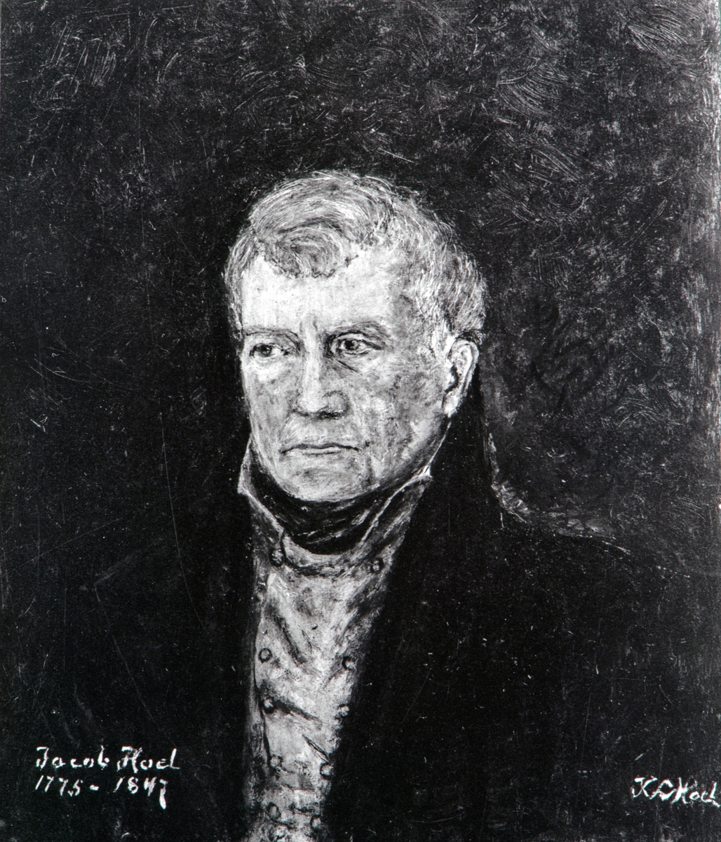 Fotografi av et portrettmaleri av løytnant Jacob Hoel, utført av hans oldebarn Karen Louise Ramm Hoel.