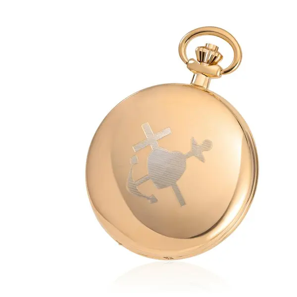 The back of golden pocket watch for the men's bunad. Faith, hope and love.