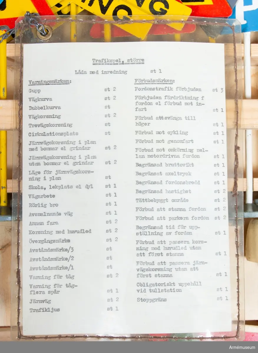 Låda innehållande trafikmärken och träbilar.
Troligen från 1940-tal. Tillverkad och såld av Lindhs trafikskola i Landskrona.
