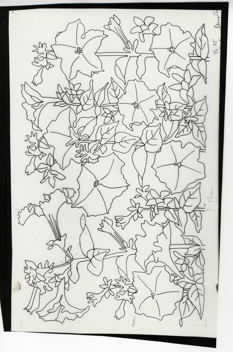 Skisser av dekorer till porslinsföremål ofta med mönster från naturen  blomstermotiv som krasse, hortensia, krokus, liljekonvalj, dekorer av olika fåglar som änder, duvor, fasaner mm.  Mönster som är tecknade på olika papper och som bildar mönster tillsammans när skisserna placeras ovanpå varandra. Skisser av koppar, kannor, fat mm. Bl.a. formgivning för Rosenthal.
