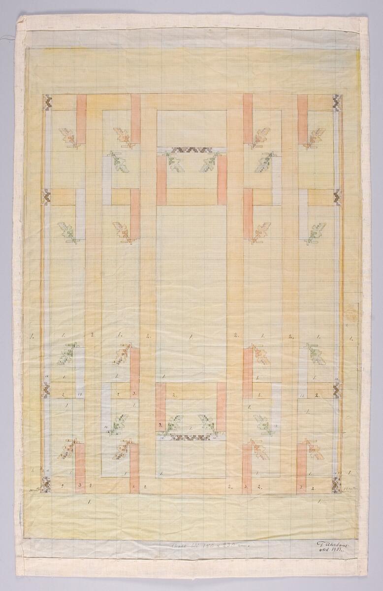 Skiss till flossamatta 150x230 cm. Noteringar, färgnumrering, textilmonterad. Baksida notering.