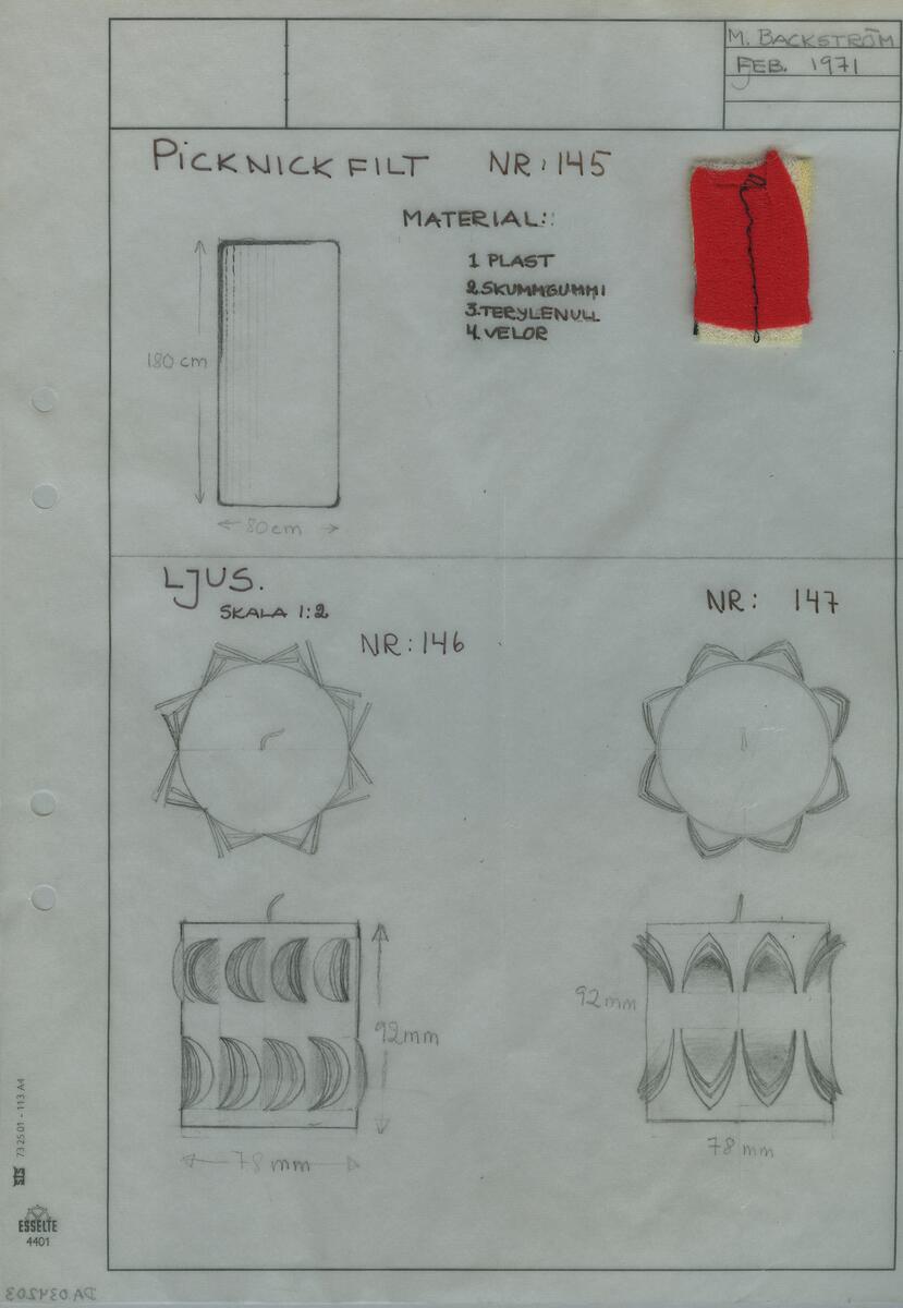 Referensmaterial rörande Backström & Höglund Design AB. Materialet innehåller skisser till en mängd produkter  bl a tygmönster, reliefmönster, plastburkar, brickställ, luffarschack, pepparkvarn, saltströare, brickor, knivställ, ljusstakar samt en gryta. En innehållsförteckning över produkterna samt en prislista för AB Smålandsslöjds produkter finns också bland materialet. Prislistan är daterad 14/5-71.