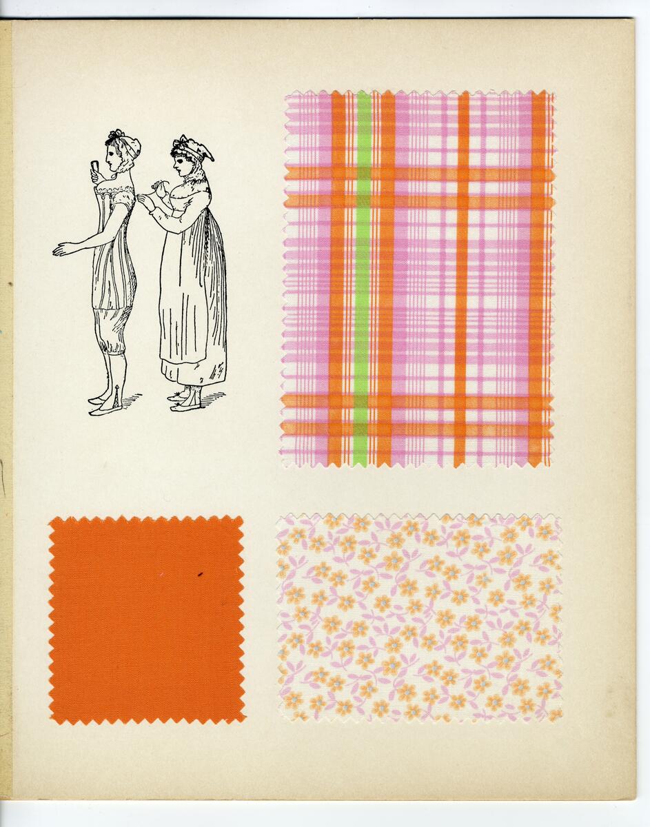 Tygprover till barn- och damkläder av terylene och bomull av olika formgivare. Med illustrationer av barn och kvinnor i 1800-talsstil.