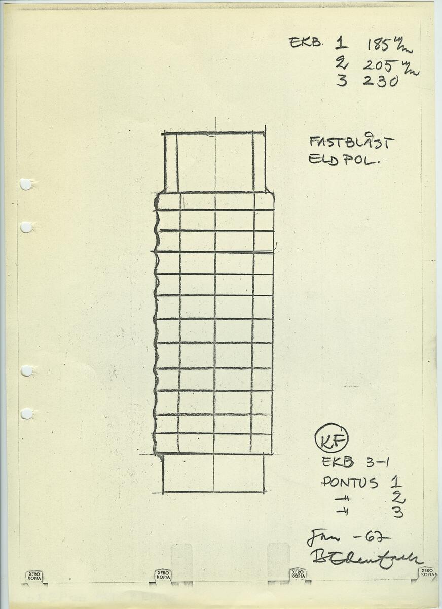 Materialet innehåller skisser till glasserviser, ishink, vaser m.m. 50 skisser daterade 1965. 37 skisser daterade 1966. 83 skisser daterade 1967.