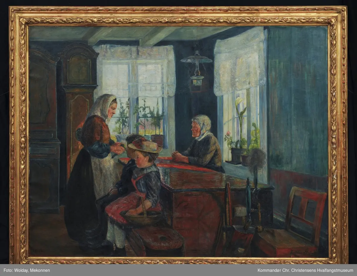 Interiør ved vindu med 2 kvinner (ung og gammel) og 2 barn