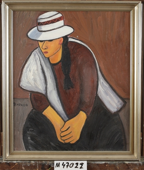 Oljemålning på duk. 
Sittande kvinna med vit hatt och sjal. 
Färger i övrigt: brunt och svart.