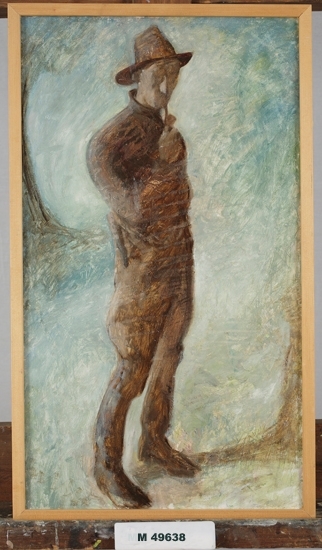 Oljemålning på duk.
Självporträtt av konstnären.
Man med stövlar och slokhatt. Han har en pipa i munnen.
Georg Lagerstedt (1892-1982)