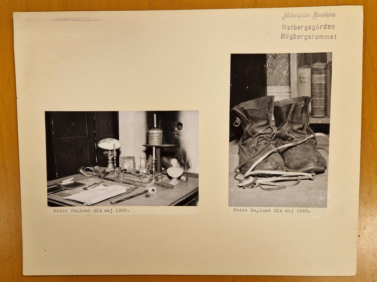 Arkivkartong.
1. Katalog No 250 A/B B.A. Hjorth &Co. 28 sidor. Gåva av AB Fröberg & Sjöberg Sundsvall 3/7 1963. Tryckår 1912.
2. Information om bagarskrået.
3. Information: "All åverkan af egendom o.s.v." Sundsvall den 1 maj 1914.
4. Plakat om planteringarne.
5. Fotografi av Östbergsgården. Högbergsrummet. Fotos: Haglund SCA sept. 1956.
6. Dito.
7. Dito.
8. Dito. 
9. Dito. 
10. Olof Högbergs arbetsrum i Finnkyrka.
11.Finnkyrka, Njurunda. Fotograf: Conny Grees, Bunsta. 
12. Förstoring av fotografi. Se MFF 12033 + MFF12034.
13. Kuvert innehållande: "Olof Högberg Torsåkersbygdens Förtider."
14. Fotografi av okänt teatersällskap.
15. Fotografi av tre okända skådespelare.
16. Fyrsidig information om planhyfvel no 13.
17. Sex sidor om planhyvlar.
18. MFF5825.
19. MFF5824.
20. MFF5826.
21. MFF5823. 
