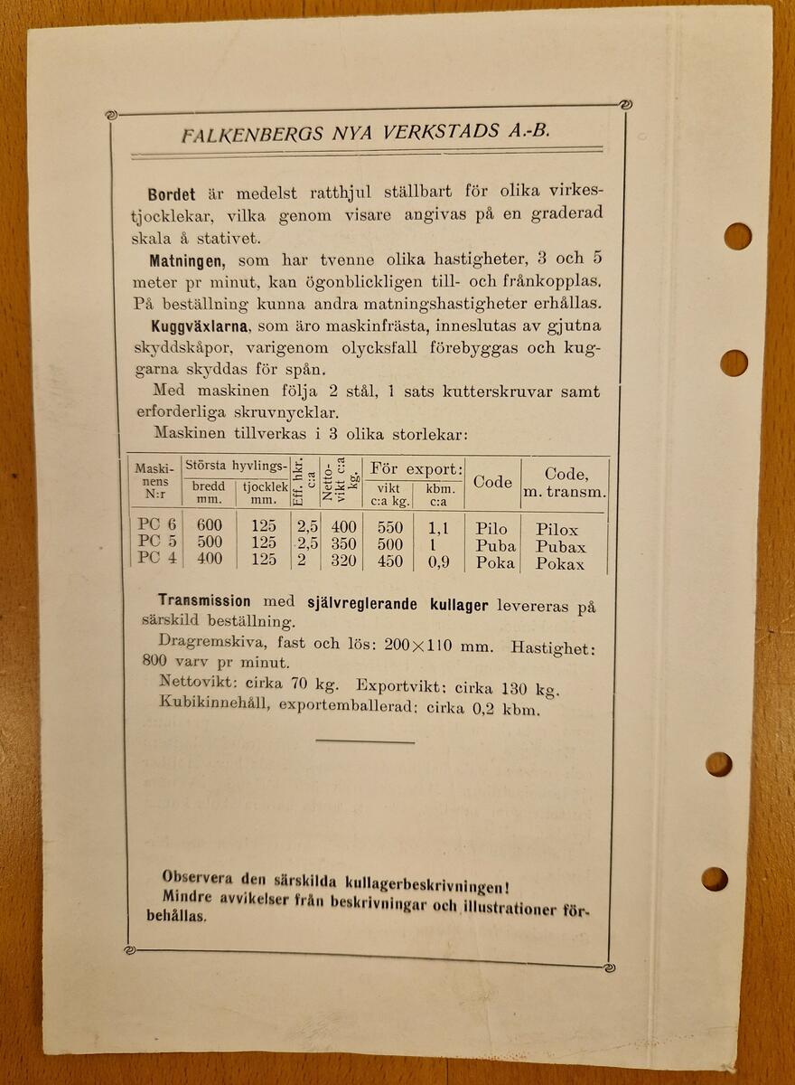 Arkivkartong.
1. Katalog No 250 A/B B.A. Hjorth &Co. 28 sidor. Gåva av AB Fröberg & Sjöberg Sundsvall 3/7 1963. Tryckår 1912.
2. Information om bagarskrået.
3. Information: "All åverkan af egendom o.s.v." Sundsvall den 1 maj 1914.
4. Plakat om planteringarne.
5. Fotografi av Östbergsgården. Högbergsrummet. Fotos: Haglund SCA sept. 1956.
6. Dito.
7. Dito.
8. Dito. 
9. Dito. 
10. Olof Högbergs arbetsrum i Finnkyrka.
11.Finnkyrka, Njurunda. Fotograf: Conny Grees, Bunsta. 
12. Förstoring av fotografi. Se MFF 12033 + MFF12034.
13. Kuvert innehållande: "Olof Högberg Torsåkersbygdens Förtider."
14. Fotografi av okänt teatersällskap.
15. Fotografi av tre okända skådespelare.
16. Fyrsidig information om planhyfvel no 13.
17. Sex sidor om planhyvlar.
18. MFF5825.
19. MFF5824.
20. MFF5826.
21. MFF5823. 
