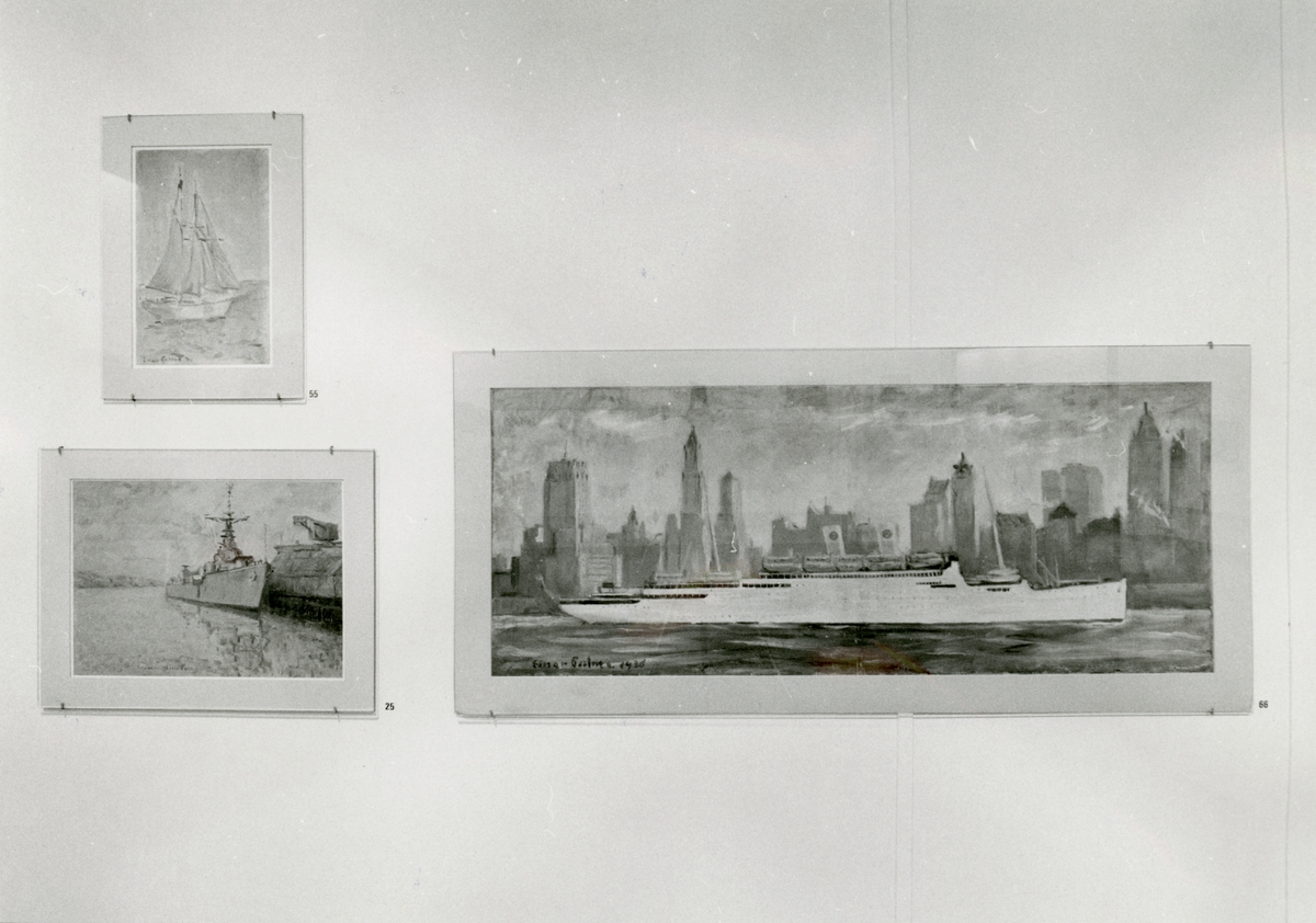 Utställningen "Maritim konst. Konst av Einar Palme". Tre konstverk visande olika sorters fartyg.