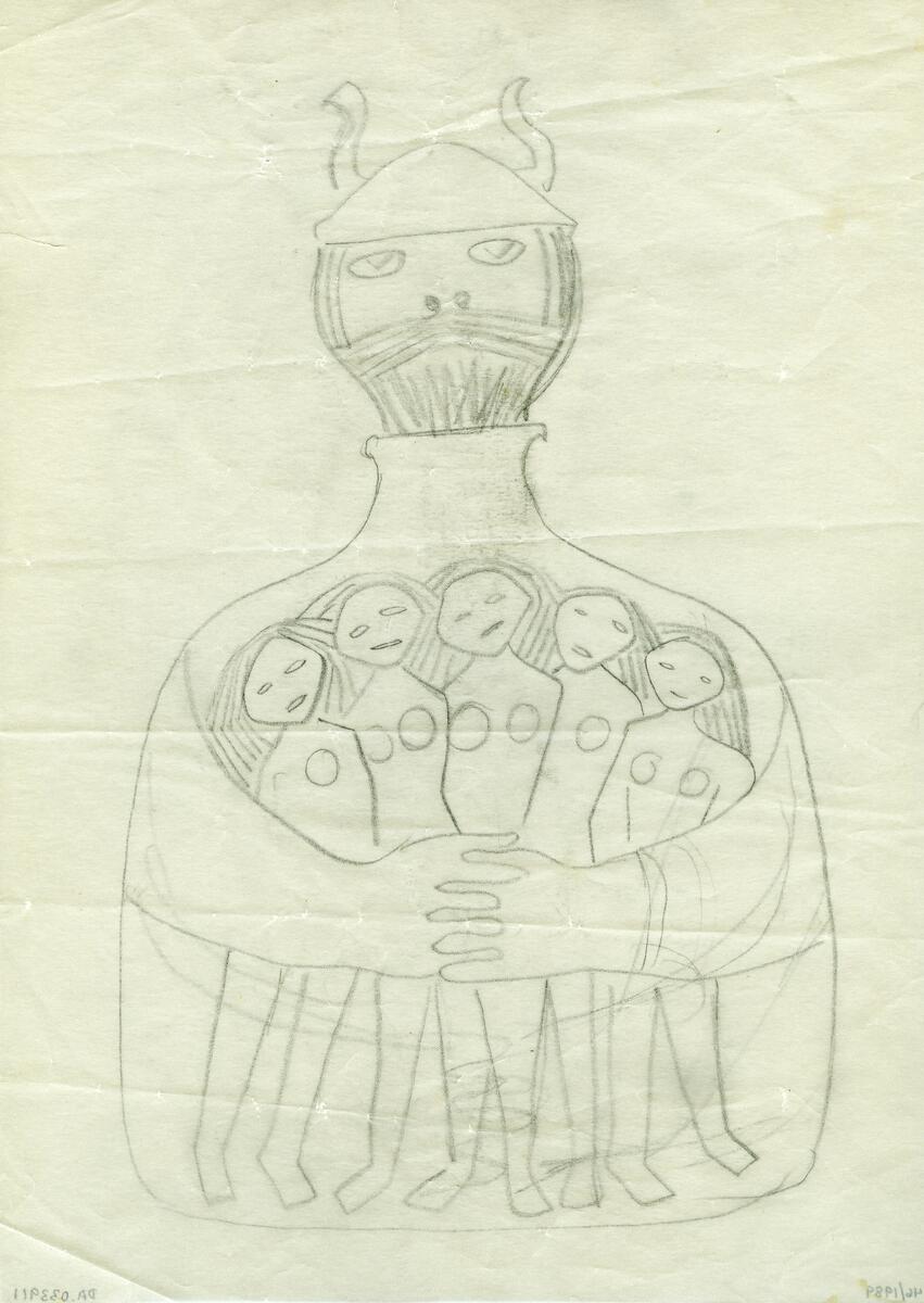 Skisser till en karaff i form av en man som liknar en viking. Karaffens propp är mannens huvud, och själva karaffen är hans kropp. Graverad dekor i form av ansikte och armar som håller runt fem kvinnor.