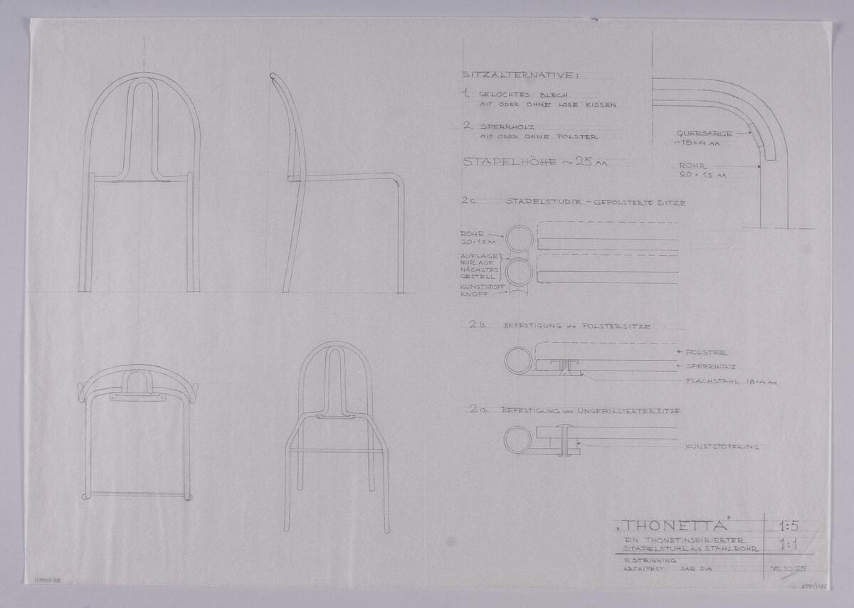 Skisser i skala 1:10 och 1:1 till Thonet-inspirerade stapelstolar av stålrör. Stolarna visas ur olika perspektiv. Noteringar på tyska och svenska. Måttangivelser.