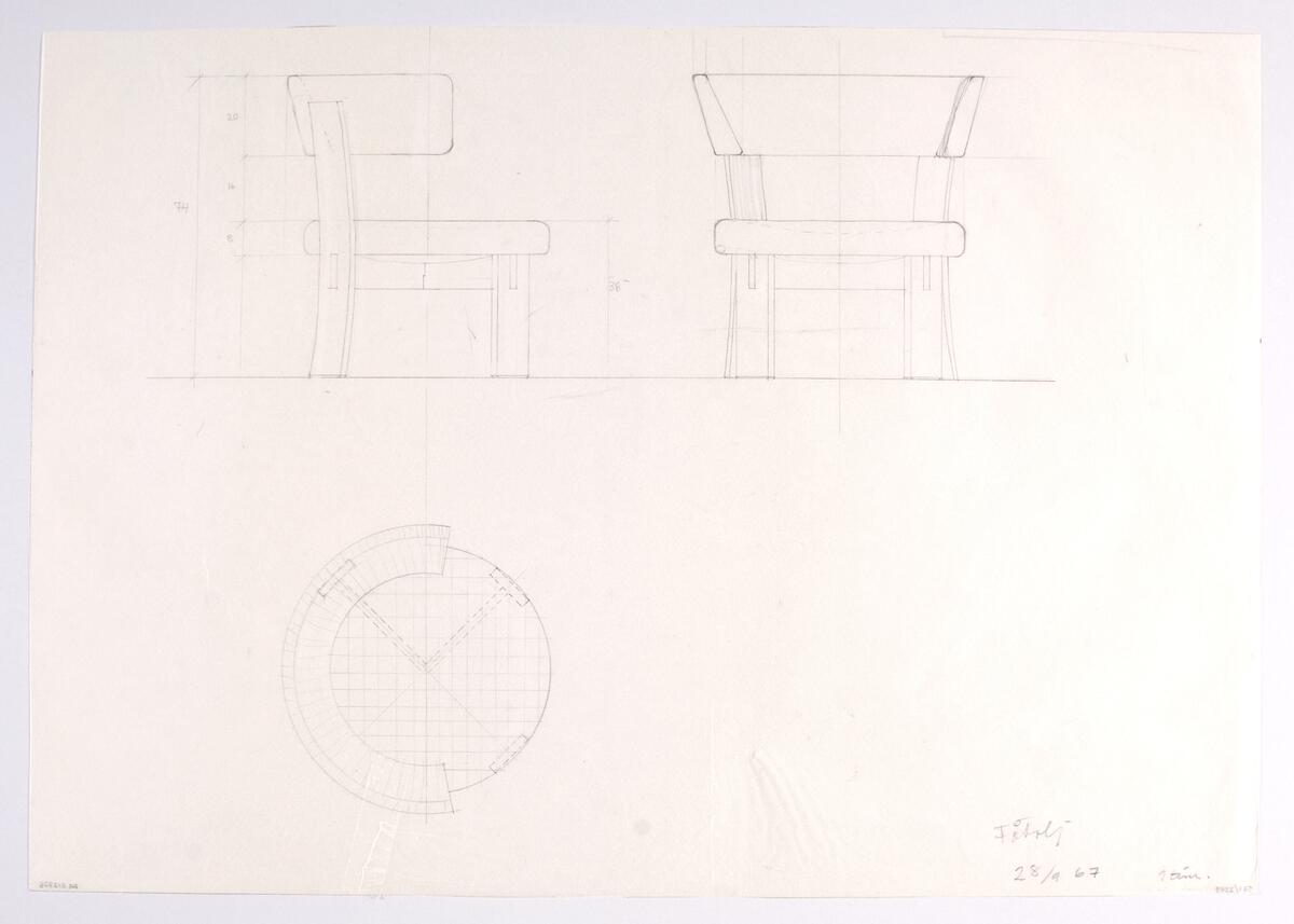 Skisser i skala 1:5 till en möbelserie, i vilken ingår en soffa och olika typer av bord och fåtöljer. Möblerna visas ur olika perspektiv. Noteringar. Måttangivelser.