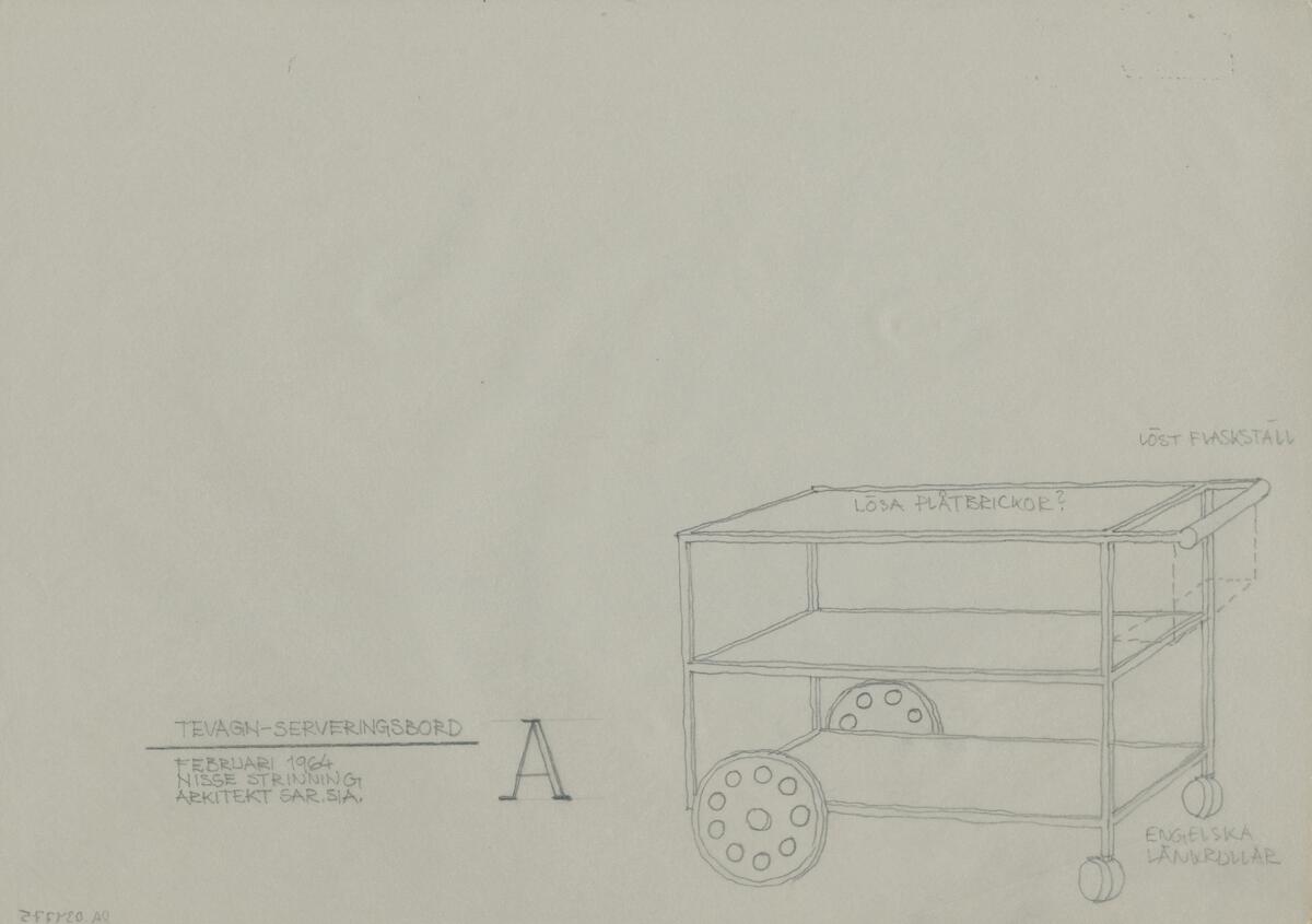 Skiss till en tevagn med fyra hjul samt två hyllplan. Vagnen visas ur olika perspektiv med förklarande noteringar och måttangivelser.