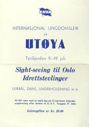 Plakat AUF, Internasjonal ungdomsleir på UTØYA, Tyrifjorden 