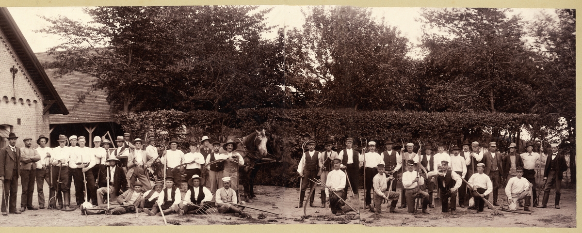 Ett antal lantarbetare med överordnade har ställt upp sig för fotografen på en större gård (Bergkvara?), ca 1910.