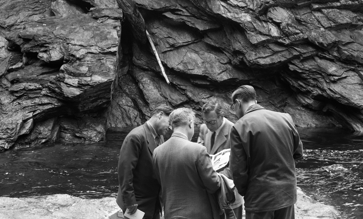 Fire dresskledde menn, samlet rundt et dokument i et trangt parti ved elva Tromsa i Fåvang i Ringebu kommune i Gudbrandsdalen. Fotografiet ble tatt i 1958, det året et regnskyll i pinsen førte til storflom og en del skader langs dette vassdraget. Befaringa dreide seg antakelig om å besiktige disse skadene for å kunne etablere et felles referansegrunnlag for diskusjonen om utbedringsarbeid. Fotografen har notert seg at «adv. Karlsrud» var med på befaringa. Dette kan ha vært juristen Rudolf Karlsrud (1906-1998). Hvilken rolle Glomma fellesfløtingsforening, som har eid dette fotografiet, har hatt i denne saken, er foreløpig ukjent. Topografien i Tromsas elveløp var meget kupert, og fra gammelt av ble det ikke fløtet tømmer der i det hele tatt. I 1958 var det imidlertid innmeldt 28 325 tømmerstokker til fløting i denne elva. De første stokkene ble utislått 28. mai, like etter flomkatastrofen. Med unntak av 169 stokker skal dette tømmeret ha nådd ned til Gudbrandsdalslågen.