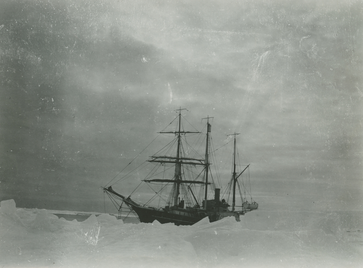 Fotografi från expedition till Grönland. Motiv av stort fartyg som är omgivet av ett kargt snölandskap. Troligen är fartyget på bilden Antarctic vilken vid tiden ägdes av dansken Georg Carl Amdrup. Antarctic såldes år 1900 till Otto Nordenskjöld.