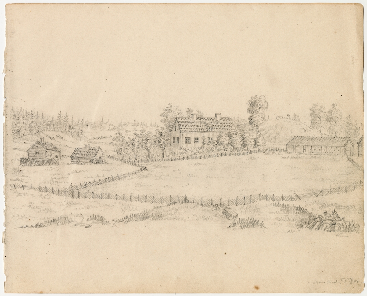 Blyertsteckning: (oläslig text) 24/6 1843 Föreställer gård med huvudbyggnad och tre uthus.

Ur ett halvfranskt band med blyertsteckningar och akvareller.