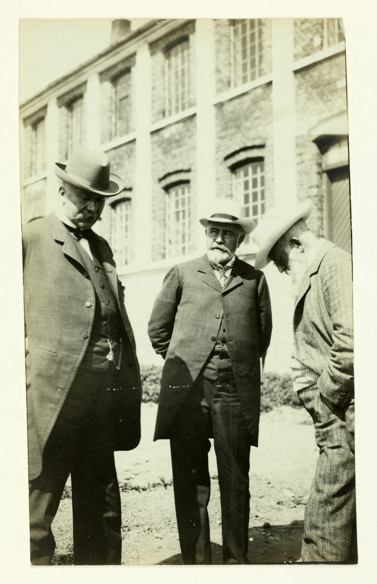 Tre eldre menn står foran en bygning og diskuterer. Thomas Fearnley til høyre,  godseier Wedel Jarlsberg i midten og Johannes Georg Heftye til venstre. Angivelig diskuterer de driften av Vallø tapetfabrik A/S hvor de, sammen med direktør G. Smidth, var hovedaksjonærer.
