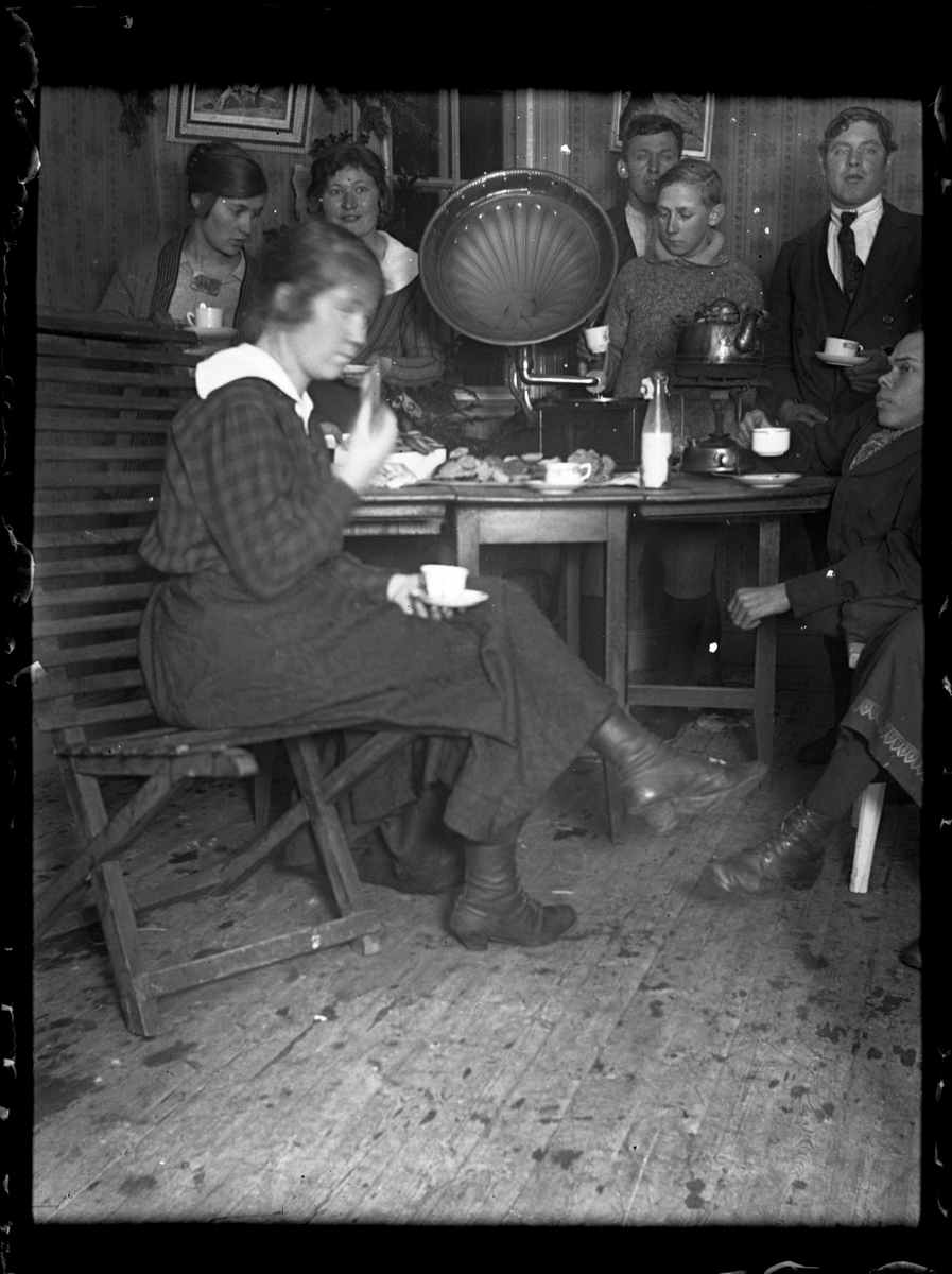 En grupp med både män och kvinnor kring ett kaffebord med en grammofon. I förgrunden till vänster ditter Julia Westergren.