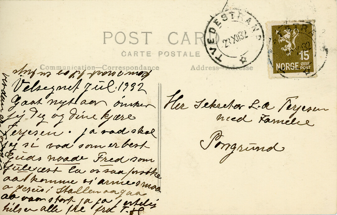 Postkort med motiv frå Tvedestrand, sendt 1932