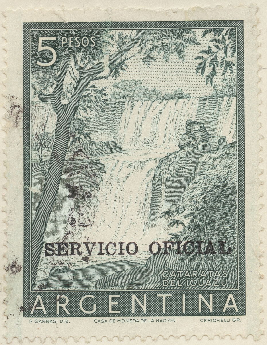Frimärke ur Gösta Bodmans filatelistiska motivsamling, påbörjad 1950. Frimärke från Argentina, 1954. Motiv av Iguazu Vattenfall