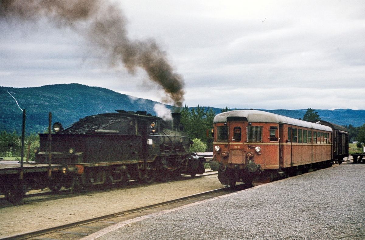 Kryssing på Flesberg stasjon. Damplokomotiv type 21b nr. 225 (t.v.) med godstog fra Kongsberg til Rødberg og med dieselmotorvogn Bmde 86 51 med persontog fra Rødberg til Kongsberg