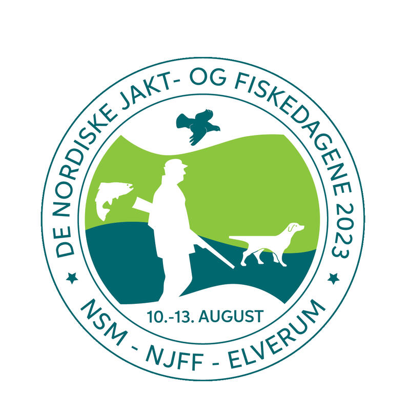 The image shows the logo of the Nordic Hunting and Fishing Days. In the logo you can see a man with a rifle, a dog, a fish and a bird.