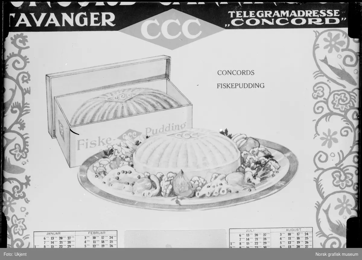 Reklame for fiskepudding fra hermetikkfabrikken Concord Canning Co. Det er bilde av en åpen eske med fiskepudding og et fat med fiskepudding og tilbehør. Fabrikkens varemerke, "CCC", står øverst på puddingen.