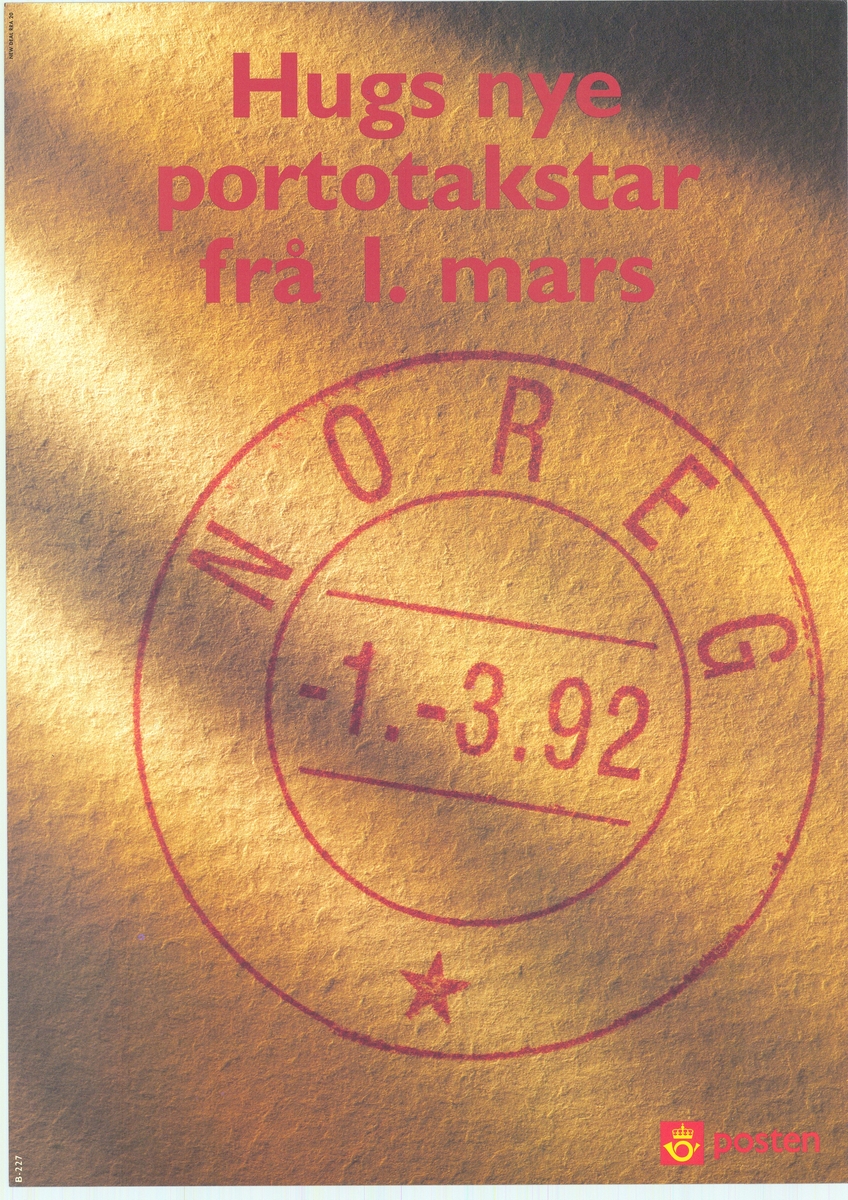Tosidig plakat med tekst på bokmål og nynorsk. Postlogo og røde bokstaver på bakgrunnsmotiv.