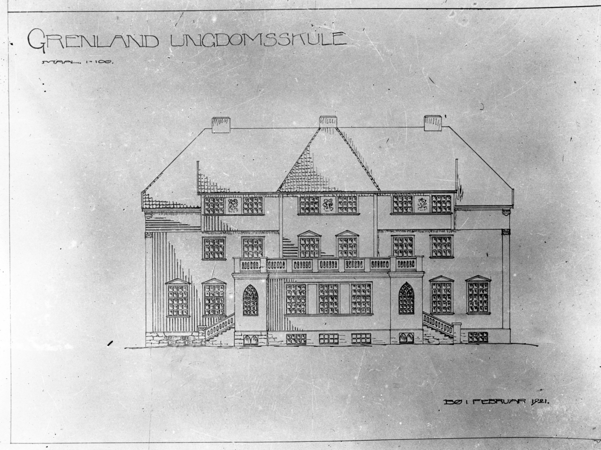 Tre teikningar av Grenland Ungdomsskole (i dag Grenland folkehøyskole 1921,  Teiknar er byggmeister Johannes Haugen, Flatin.  