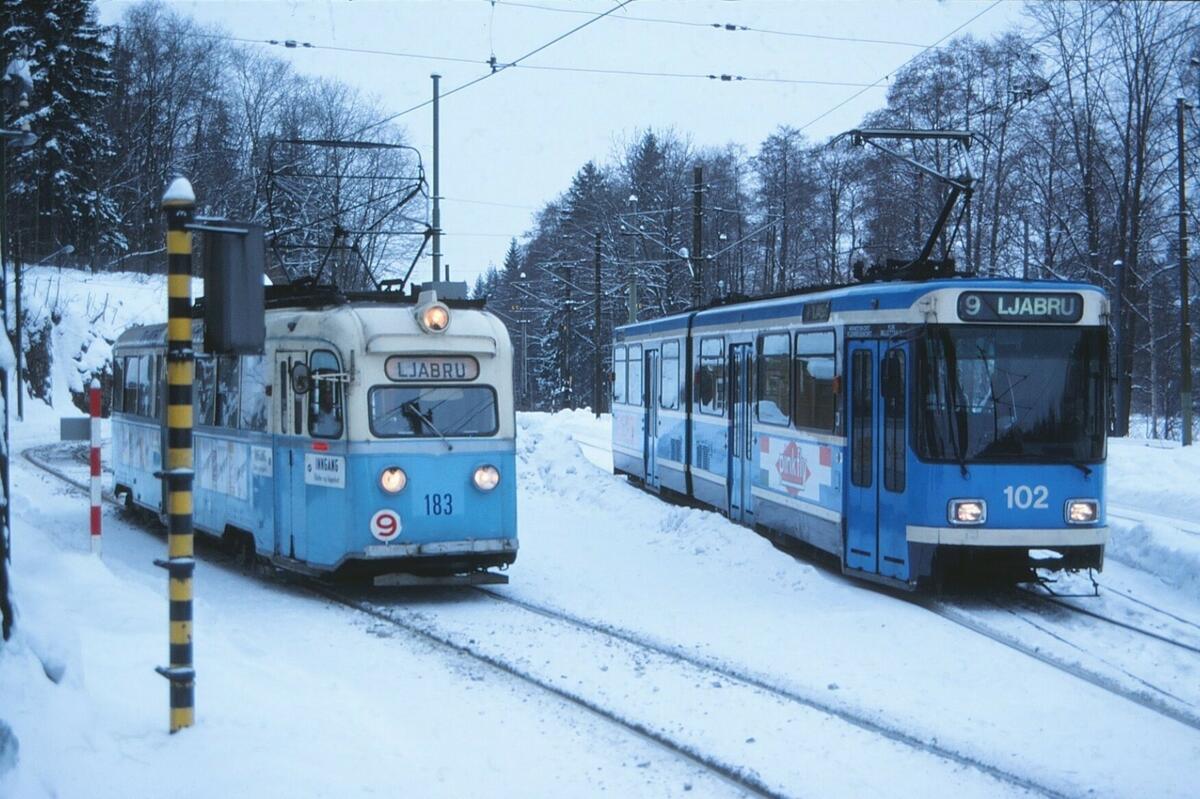 Oslo Sporveier, E1 183 og SL79 102, linje 9. Jar.