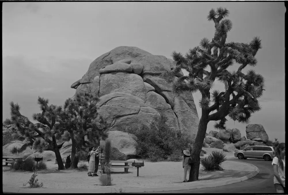 Black and white image of a large boulder in a desert landscape. There is a paved road and curb around the rock and some conifers. Tourists are taking photos. Photograph.