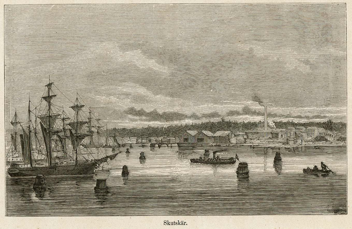 Hamnen i Skutskär med båtar och sågverket.