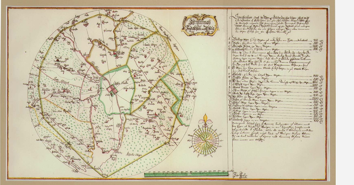 Avritningskarta som visar Uppsala stad och kringliggande byar och vägar, datering 1669