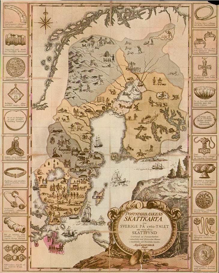 Karta omgiven av viktiga arkeologiska skattfynd, Sverige.
