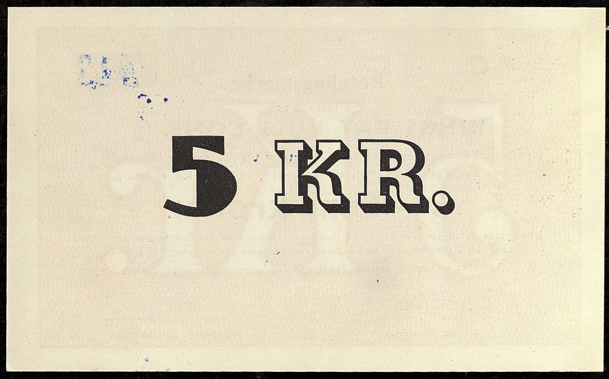 Betalingsmerke fra Kings Bay Kulle Comp. A/S produsert for bruk i perioden 1949/50 pålydende 5 kroner. Seddelen er nummerert og signert.